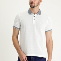 White Polo Collar Regular Fit Patterned Embroidered Cotton T-shirt
