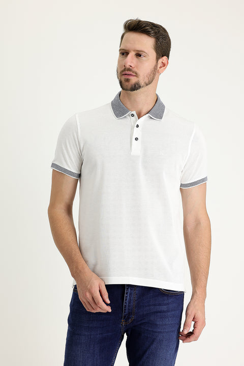 White Polo Collar Regular Fit Patterned Embroidered Cotton T-shirt