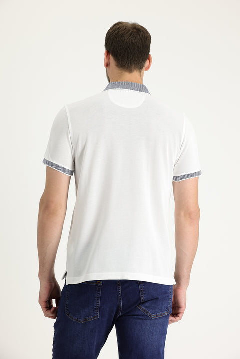 White Polo Collar Regular Fit Patterned Embroidered Cotton T-shirt