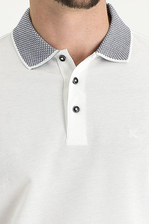 White Polo Collar Regular Fit Patterned Embroidered Cotton T-shirt
