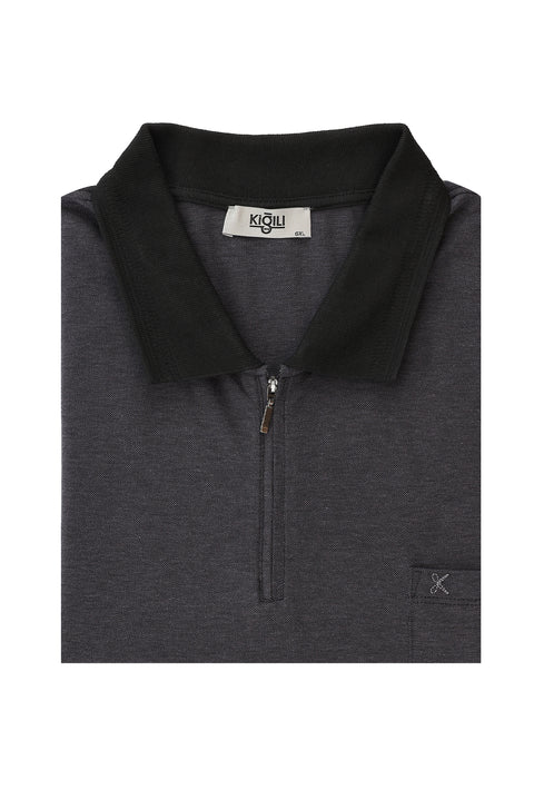 Black Plus Size Polo Shirt Regular Fit Zip-Up