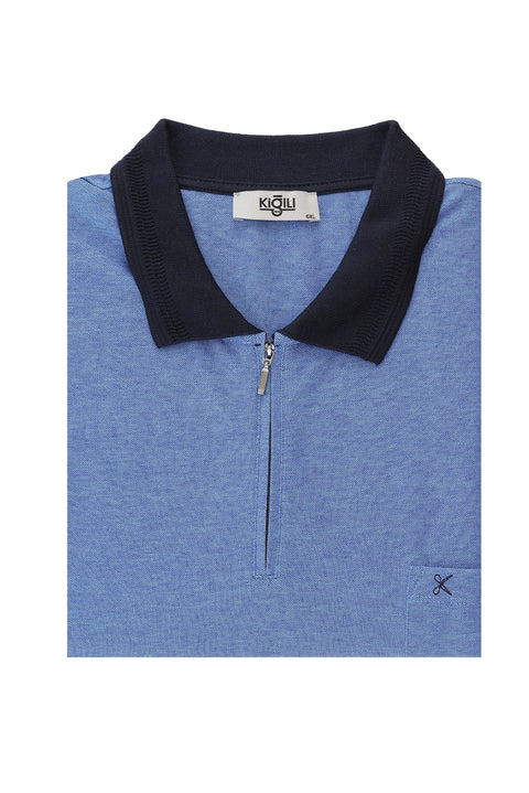 Sky Blue Plus Size Polo Collar Regular Fit Zip-Up T-Shirt
