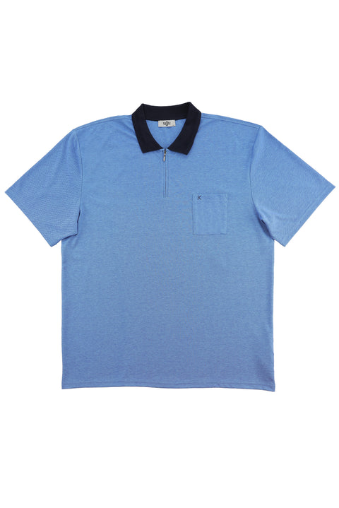 Sky Blue Plus Size Polo Collar Regular Fit Zip-Up T-Shirt