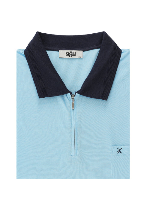 Aqua Blue Plus Size Polo Shirt Regular Fit Zip-Up