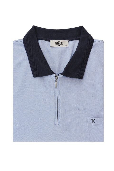 Mavi Büyük Beden Polo Yaka Regular Fit Fermuarlı Tişört