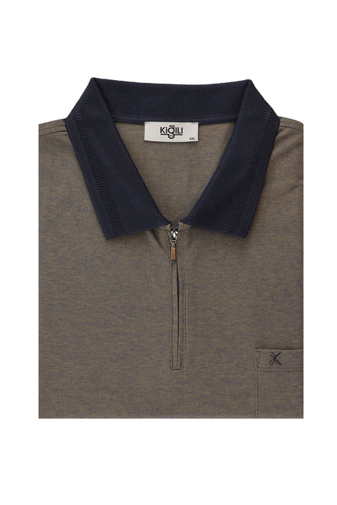 Medium Brown Plus Size Polo Collar Regular Fit Zip-Up T-Shirt