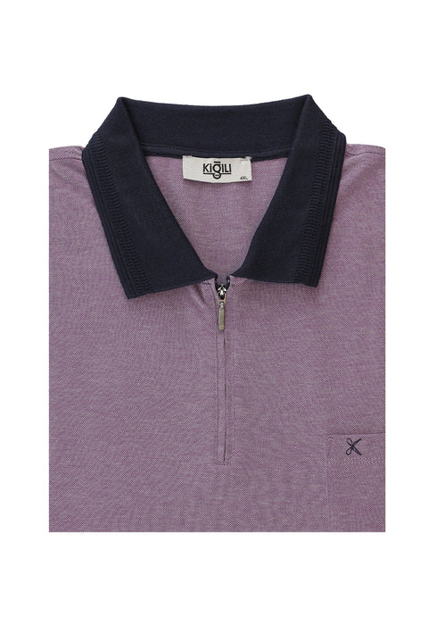 Eggplant Purple Plus Size Polo Collar Regular Fit Zip-Up T-Shirt