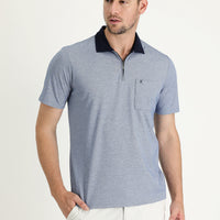 Mid Navy Pocketed Polo Neck Regular Fit Zippered Embroidered Cotton T-Shirt