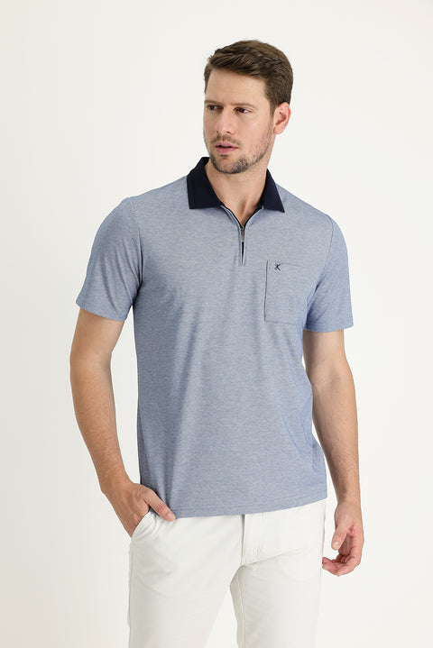 Mid Navy Pocketed Polo Neck Regular Fit Zippered Embroidered Cotton T-Shirt