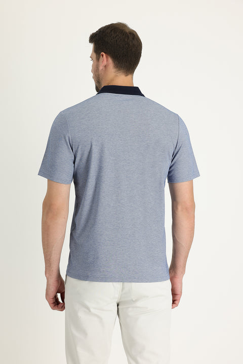 Mid Navy Pocketed Polo Neck Regular Fit Zippered Embroidered Cotton T-Shirt