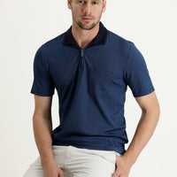 Dark Navy Pocketed Polo Shirt, Regular Fit, Zip-Up, Embroidered