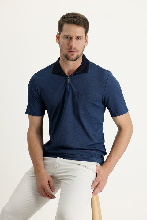 Dark Navy Pocketed Polo Shirt, Regular Fit, Zip-Up, Embroidered