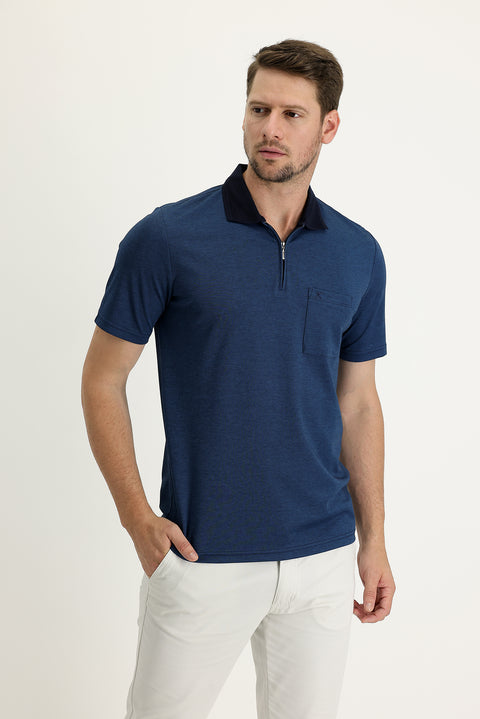 Dark Navy Pocketed Polo Shirt, Regular Fit, Zip-Up, Embroidered