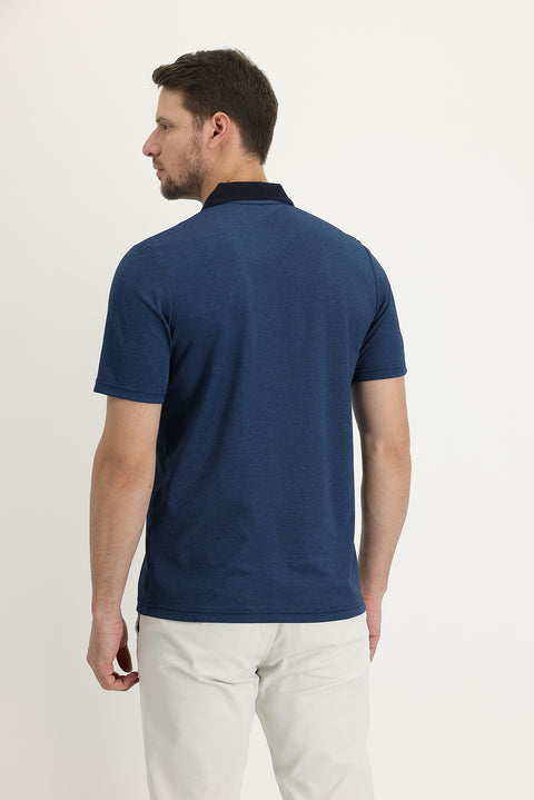 Dark Navy Pocketed Polo Shirt, Regular Fit, Zip-Up, Embroidered