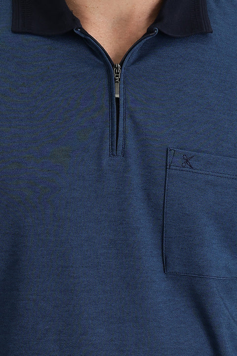 Dark Navy Pocketed Polo Shirt, Regular Fit, Zip-Up, Embroidered
