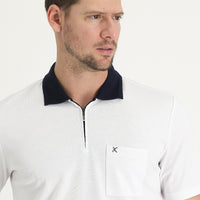 White Pocket Polo Collar Regular Fit Zip-Up Embroidered T-Shirt