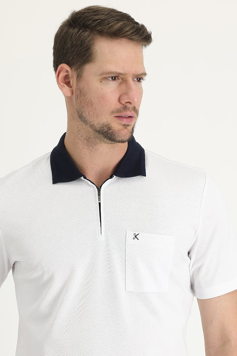 White Pocket Polo Collar Regular Fit Zip-Up Embroidered T-Shirt