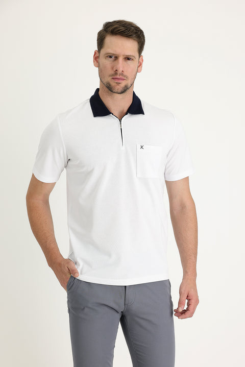 White Pocket Polo Collar Regular Fit Zip-Up Embroidered T-Shirt
