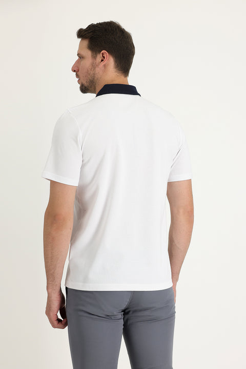 White Pocket Polo Collar Regular Fit Zip-Up Embroidered T-Shirt