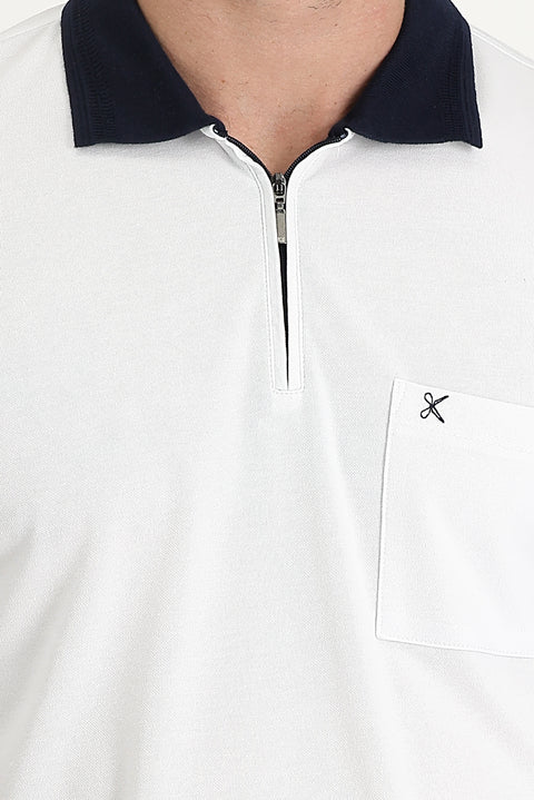 White Pocket Polo Collar Regular Fit Zip-Up Embroidered T-Shirt