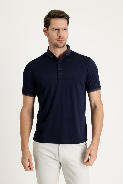 Dark Navy Polo Collar Regular Fit Embroidered T-Shirt