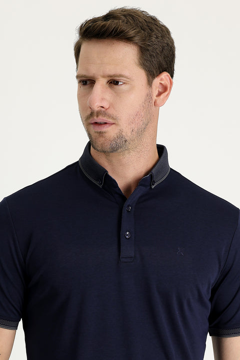 Dark Navy Polo Collar Regular Fit Embroidered T-Shirt