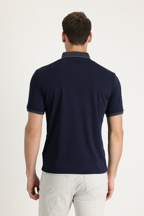 Dark Navy Polo Collar Regular Fit Embroidered T-Shirt