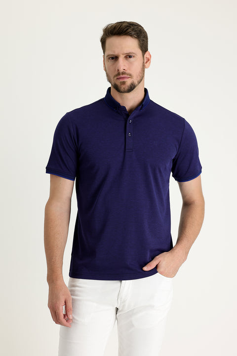 Navy Blue Polo Collar Regular Fit Embroidered T-Shirt