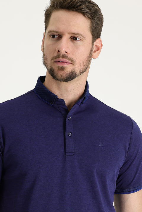 Navy Blue Polo Collar Regular Fit Embroidered T-Shirt
