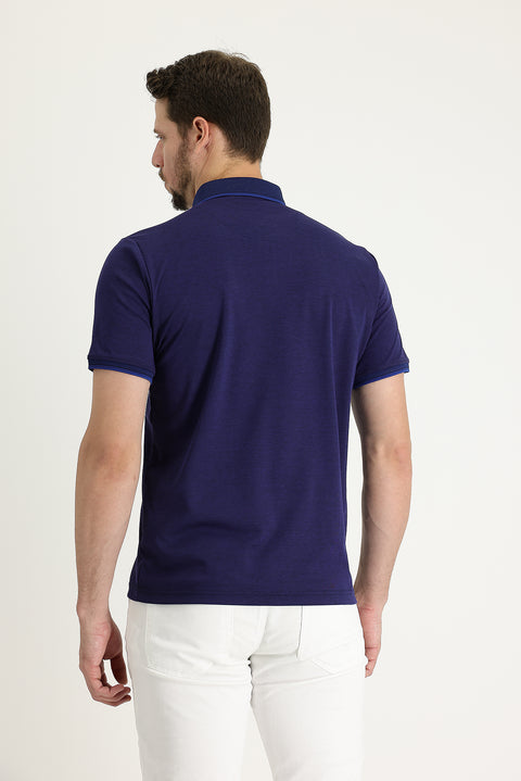 Navy Blue Polo Collar Regular Fit Embroidered T-Shirt