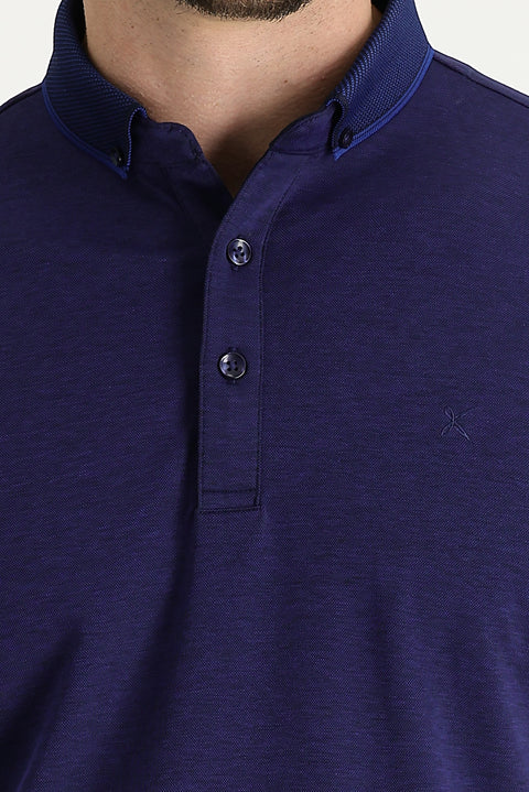 Navy Blue Polo Collar Regular Fit Embroidered T-Shirt