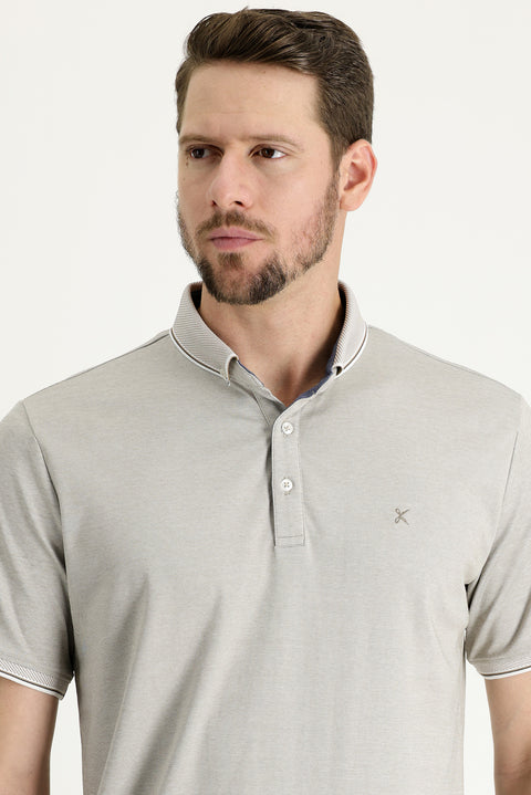 Medium Beige Polo Collar Regular Fit Embroidered T-shirt