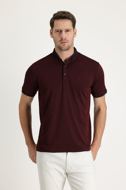 Dark Burgundy Polo Collar Regular Fit Embroidered T-Shirt