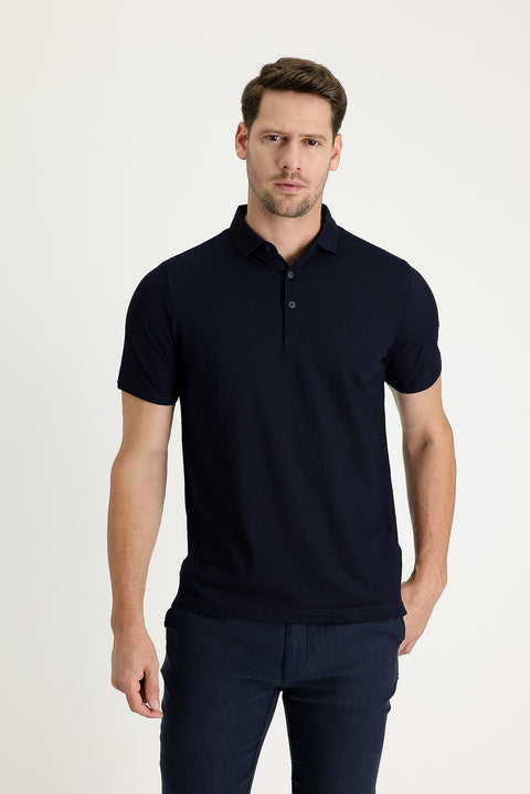Dark Navy Polo Collar Regular Fit Embroidered T-Shirt