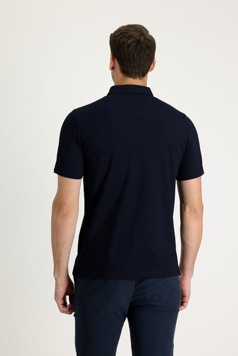 Dark Navy Polo Collar Regular Fit Embroidered T-Shirt