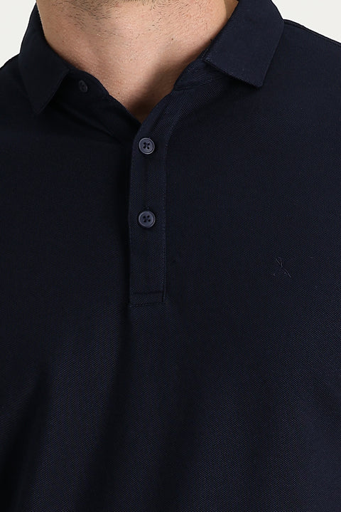Dark Navy Polo Collar Regular Fit Embroidered T-Shirt
