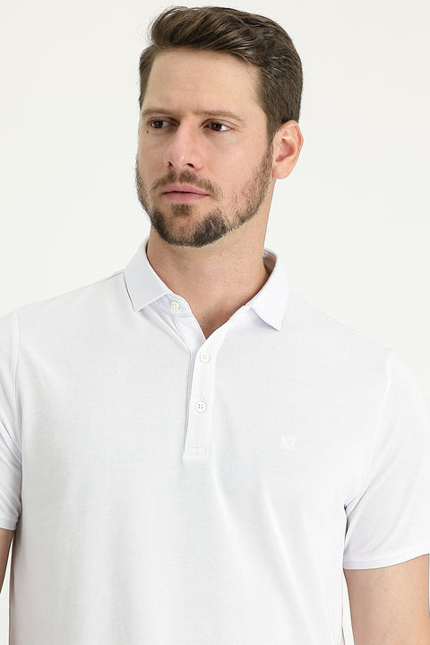 White Polo Collar Regular Fit Embroidered T-shirt