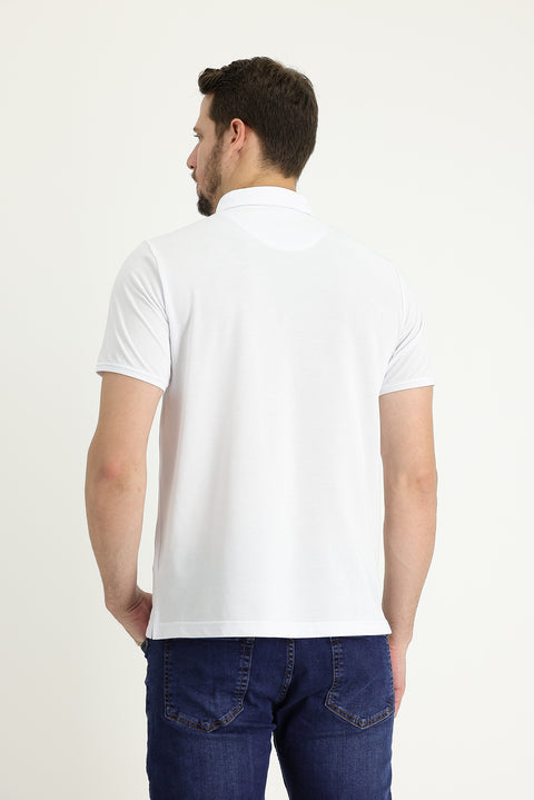 White Polo Collar Regular Fit Embroidered T-shirt