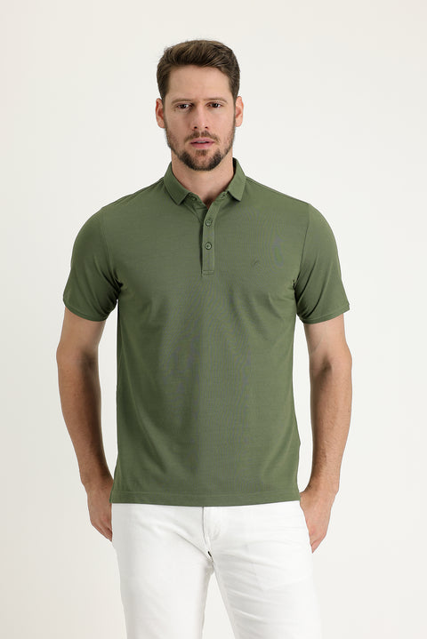 Medium Khaki Polo Collar Regular Fit Embroidered T-shirt