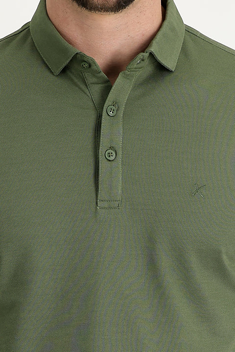 Medium Khaki Polo Collar Regular Fit Embroidered T-shirt