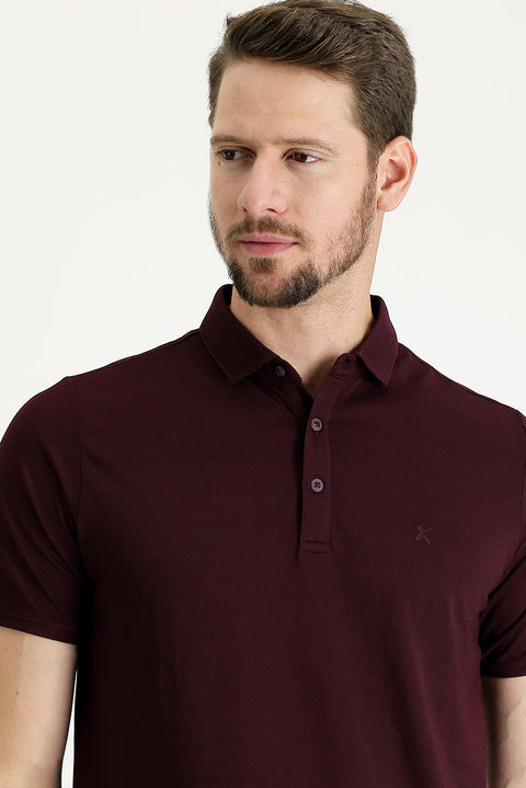 Dark Burgundy Polo Collar Regular Fit Embroidered T-Shirt