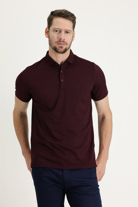 Dark Burgundy Polo Collar Regular Fit Embroidered T-Shirt