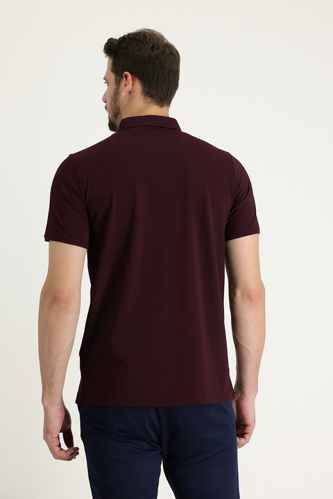 Dark Burgundy Polo Collar Regular Fit Embroidered T-Shirt