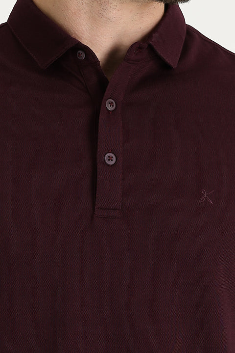 Dark Burgundy Polo Collar Regular Fit Embroidered T-Shirt