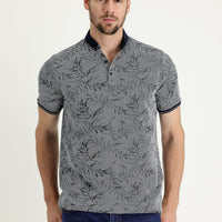Dark Navy Polo Collar Regular Fit Patterned T-shirt