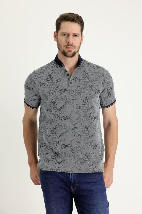 Dark Navy Polo Collar Regular Fit Patterned T-shirt