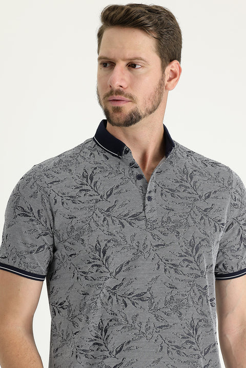 Dark Navy Polo Collar Regular Fit Patterned T-shirt