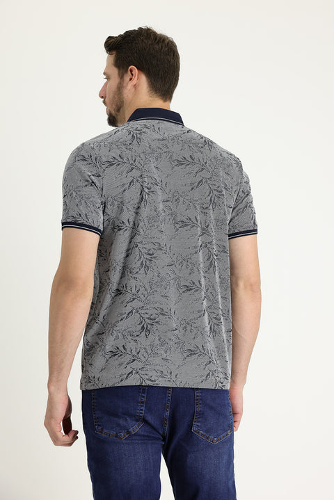 Dark Navy Polo Collar Regular Fit Patterned T-shirt