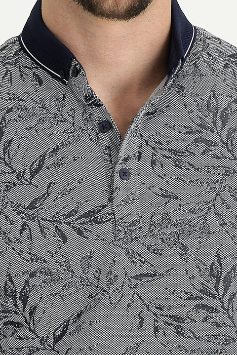 Dark Navy Polo Collar Regular Fit Patterned T-shirt