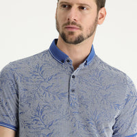 Navy Blue Polo Collar Regular Fit Patterned T-shirt